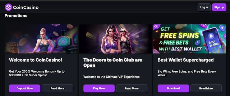 Featured promos on CoinCasino, a top online sports betting option in New York.
